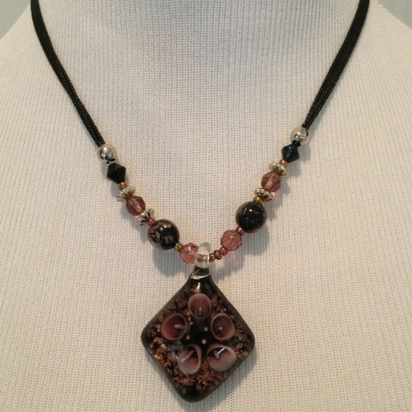 Lamp work pendant on black cord with beading - Picture 2 of 4